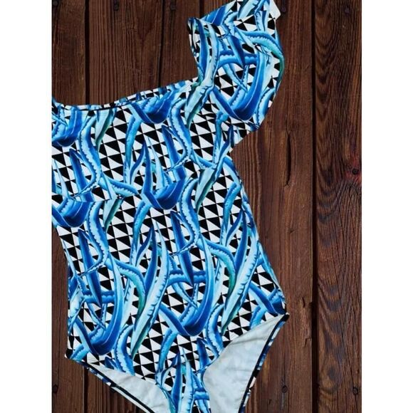 Unbranded Women’s Medium Blue White Geometric Print Off-Shoulder Ruffle Swimsuit - Picture 5 of 14